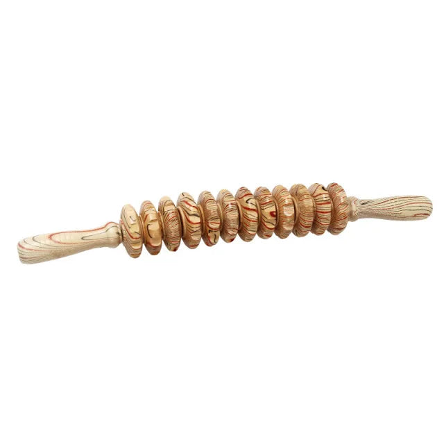 Natural Wooden Massage Roller Stick – 12 Wheel Bendable Trigger Point Tool