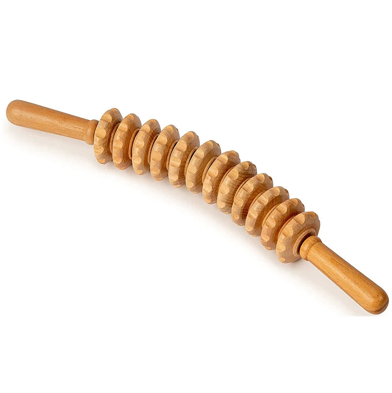 Natural Wooden Massage Roller Stick – 12 Wheel Bendable Trigger Point Tool