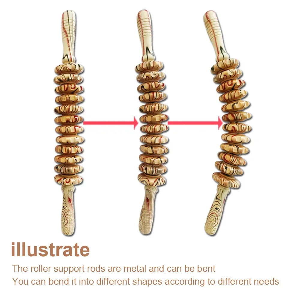 Natural Wooden Massage Roller Stick – 12 Wheel Bendable Trigger Point Tool