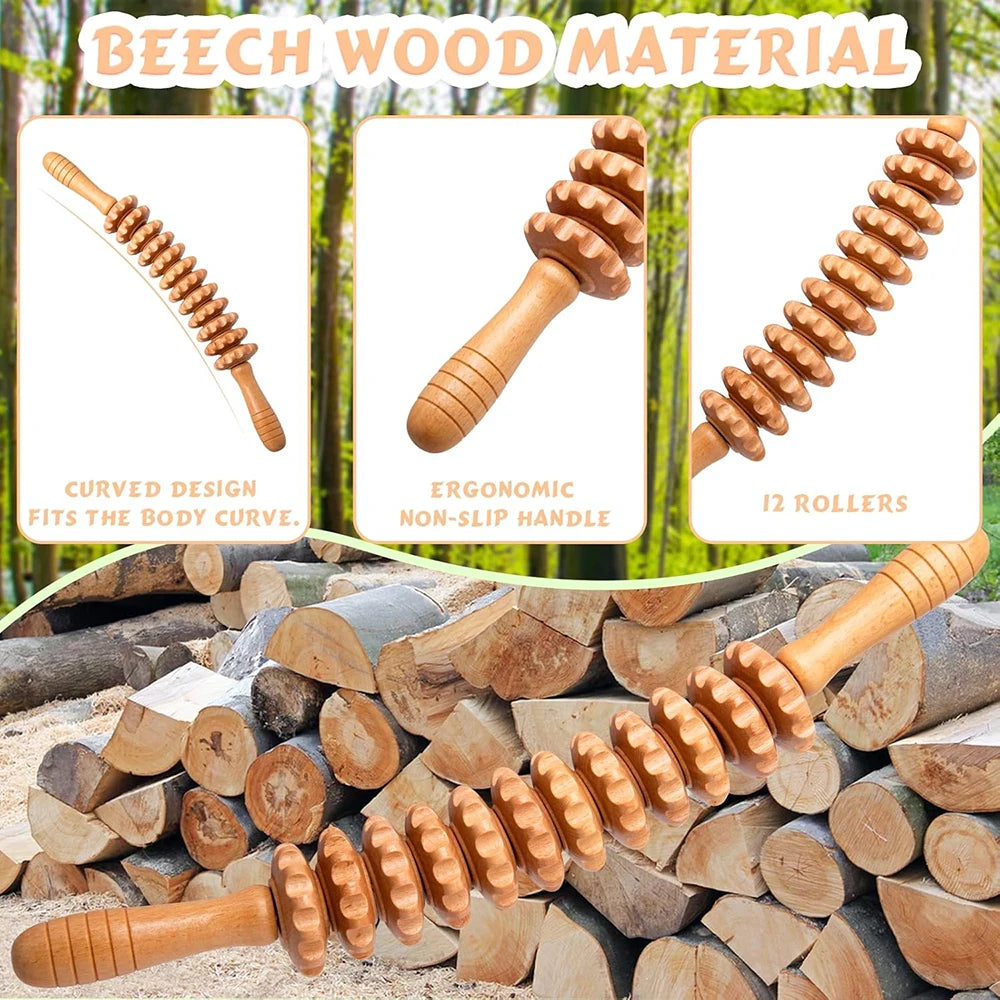 Natural Wooden Massage Roller Stick – 12 Wheel Bendable Trigger Point Tool