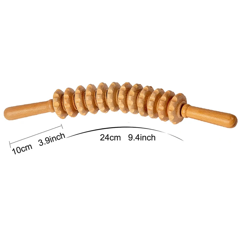 Natural Wooden Massage Roller Stick – 12 Wheel Bendable Trigger Point Tool