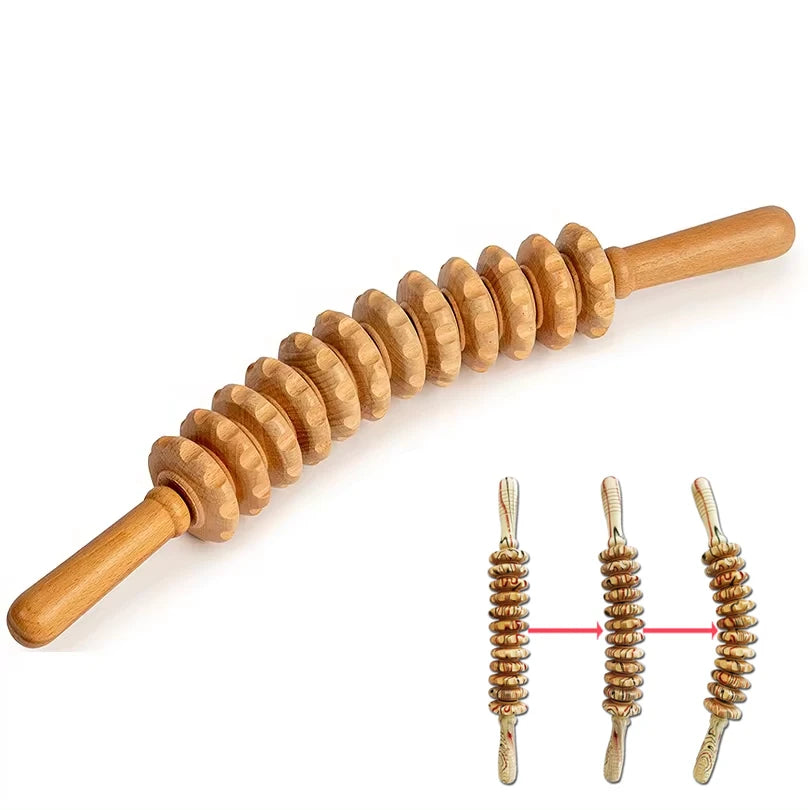 Natural Wooden Massage Roller Stick – 12 Wheel Bendable Trigger Point Tool