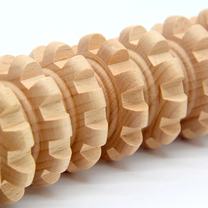 Natural Wooden Massage Roller Stick – 12 Wheel Bendable Trigger Point Tool
