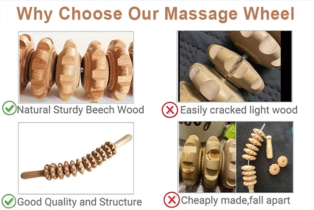 Natural Wooden Massage Roller Stick – 12 Wheel Bendable Trigger Point Tool